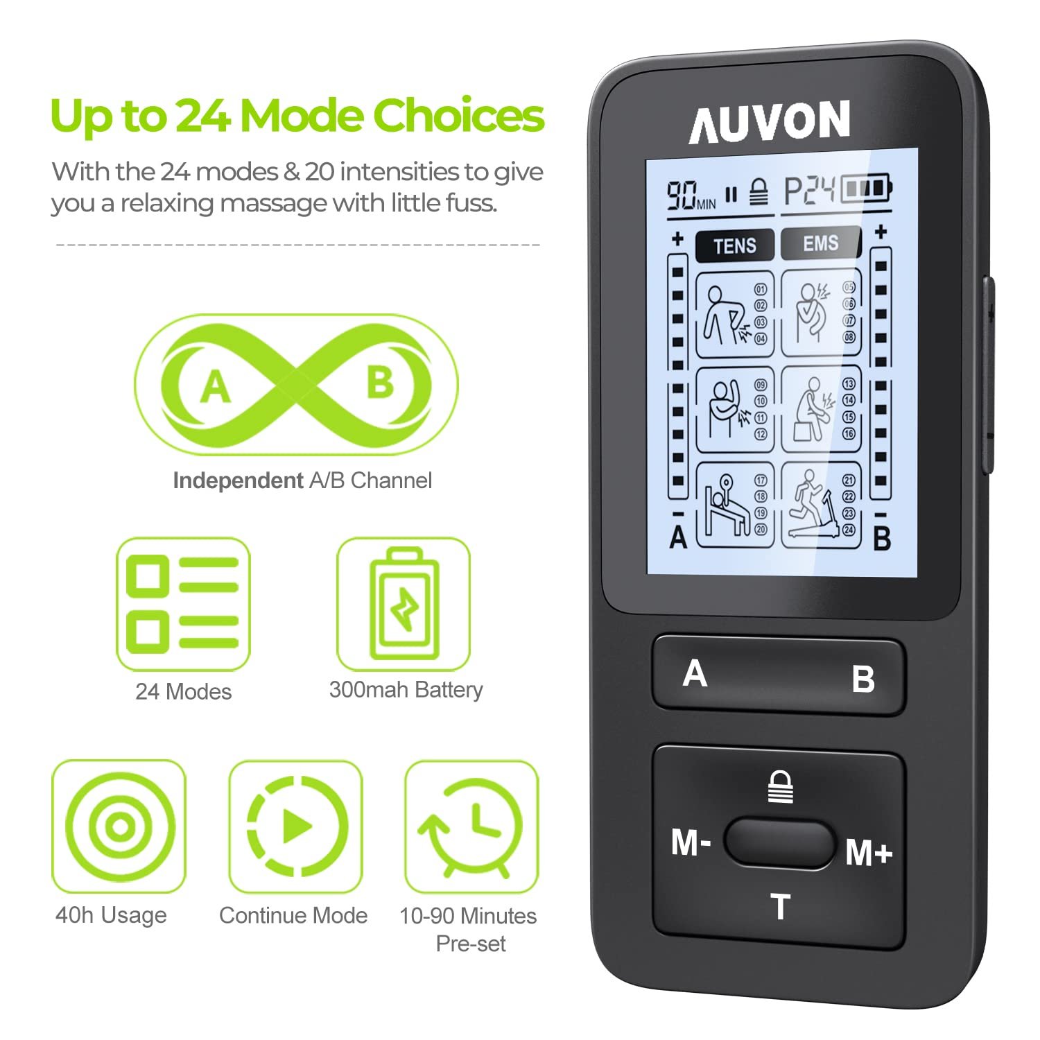 AUVON 24 Modes Dual Channel TENS Unit Muscle Stimulator - TENS EMS UNIT